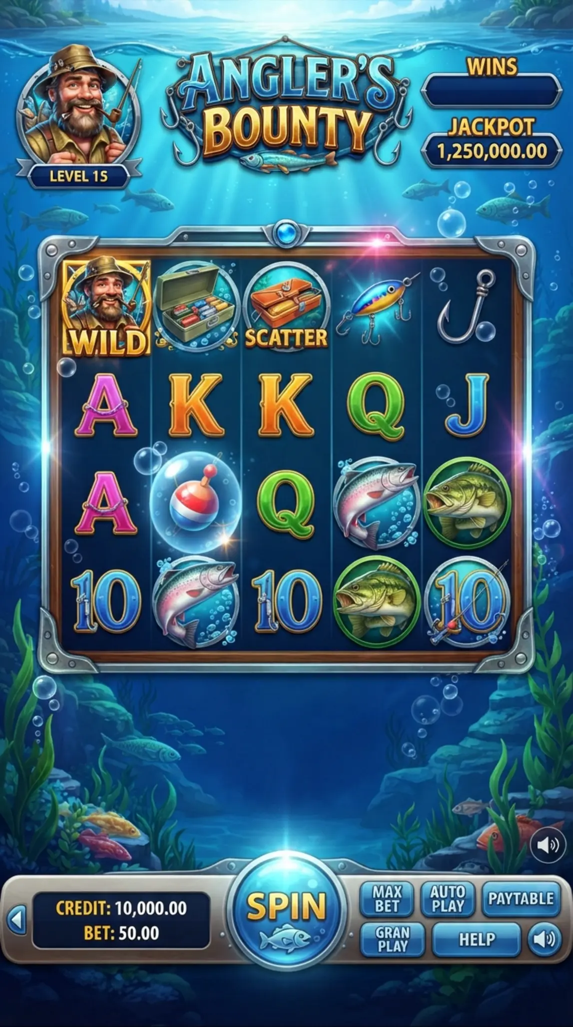 Big Bass Bonanza 1000 ekran gry Ekran podstawowy Big Bass Bonanza 1000 z rybakiem i symbolami ryb