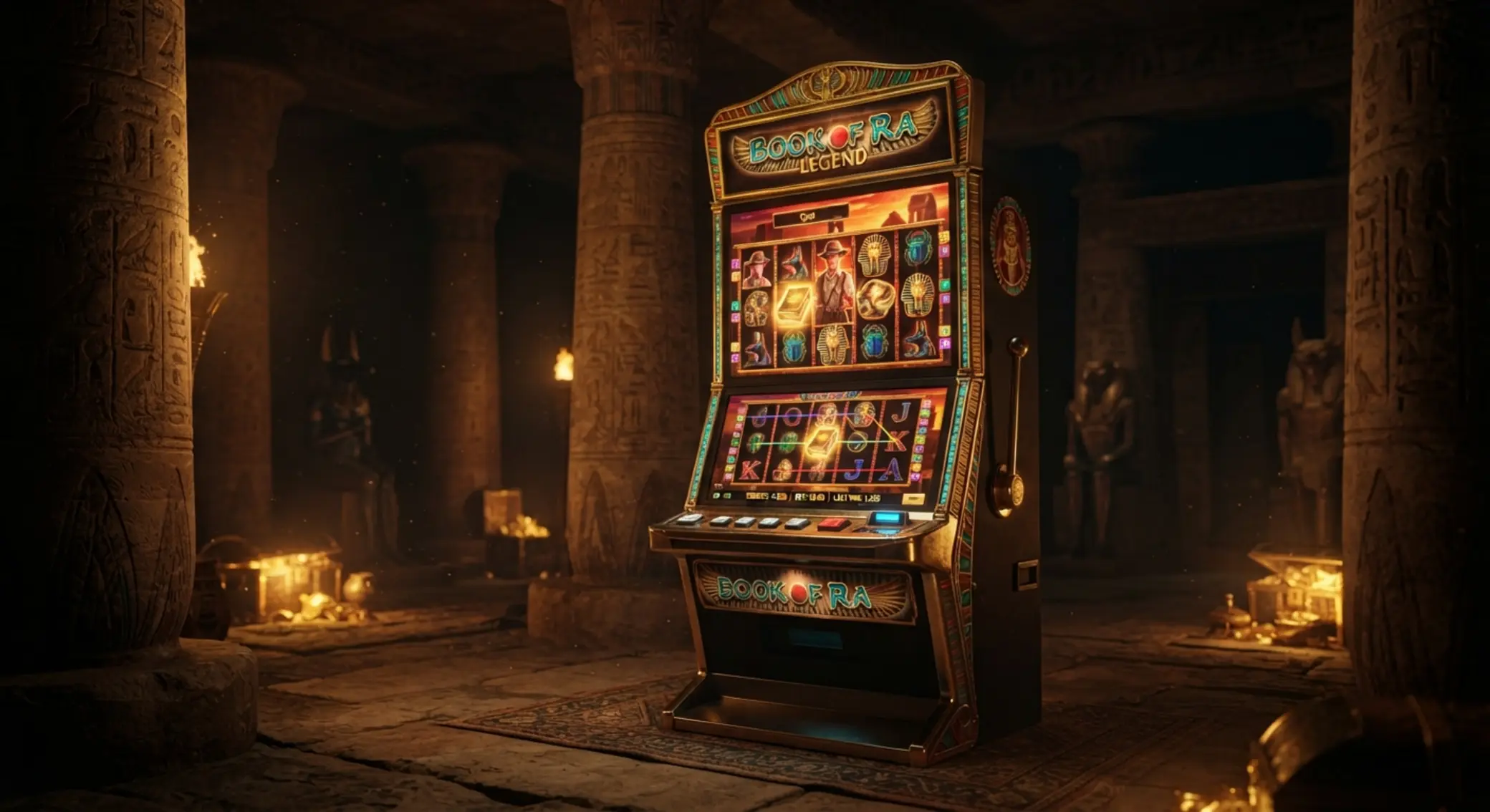 Ilustracja automatu inspirowanego Book of Ra 10 w starożytnej świątyni