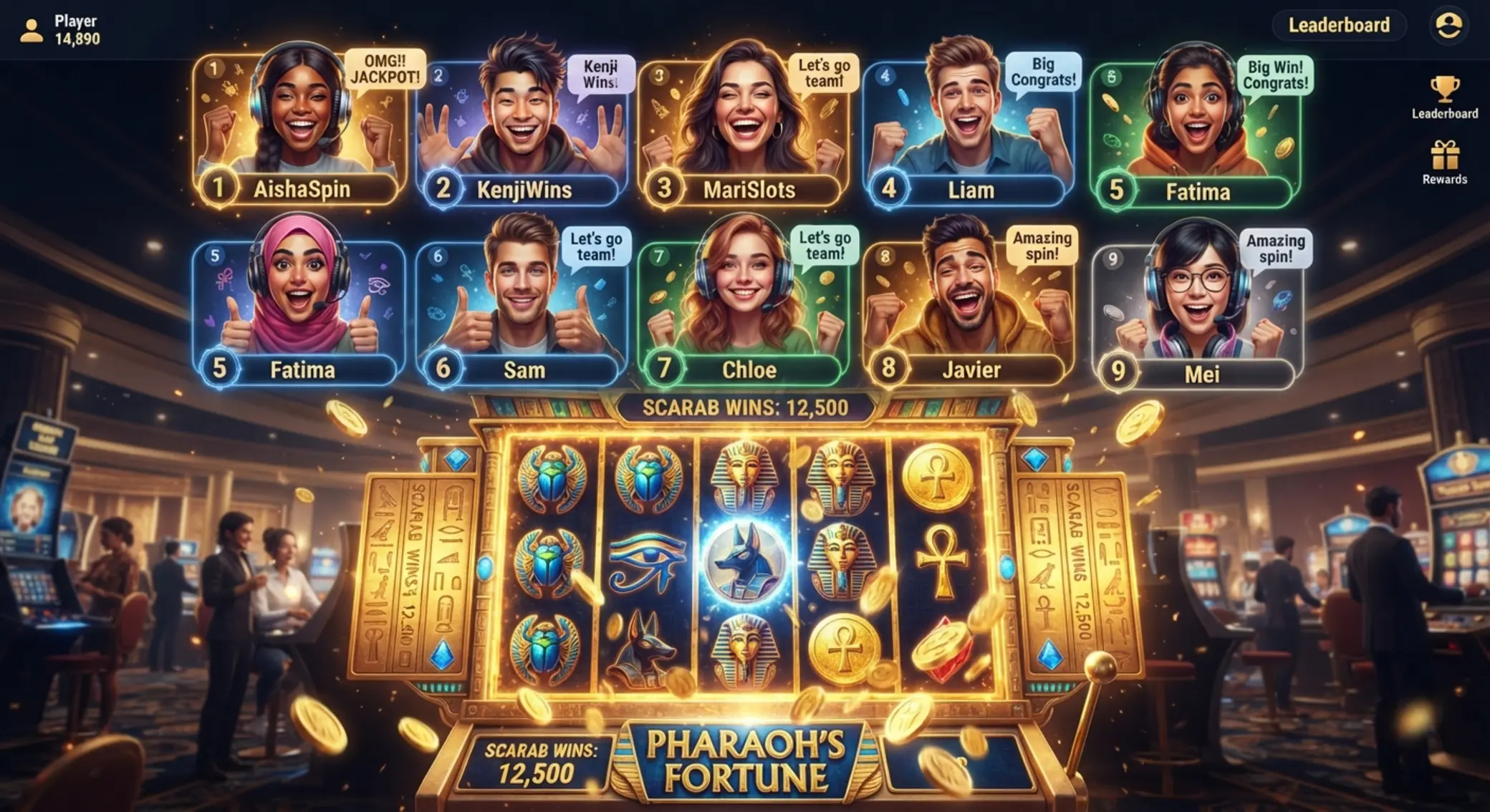 Kolaż awatarów graczy na tle automatu w stylu Book of Ra
