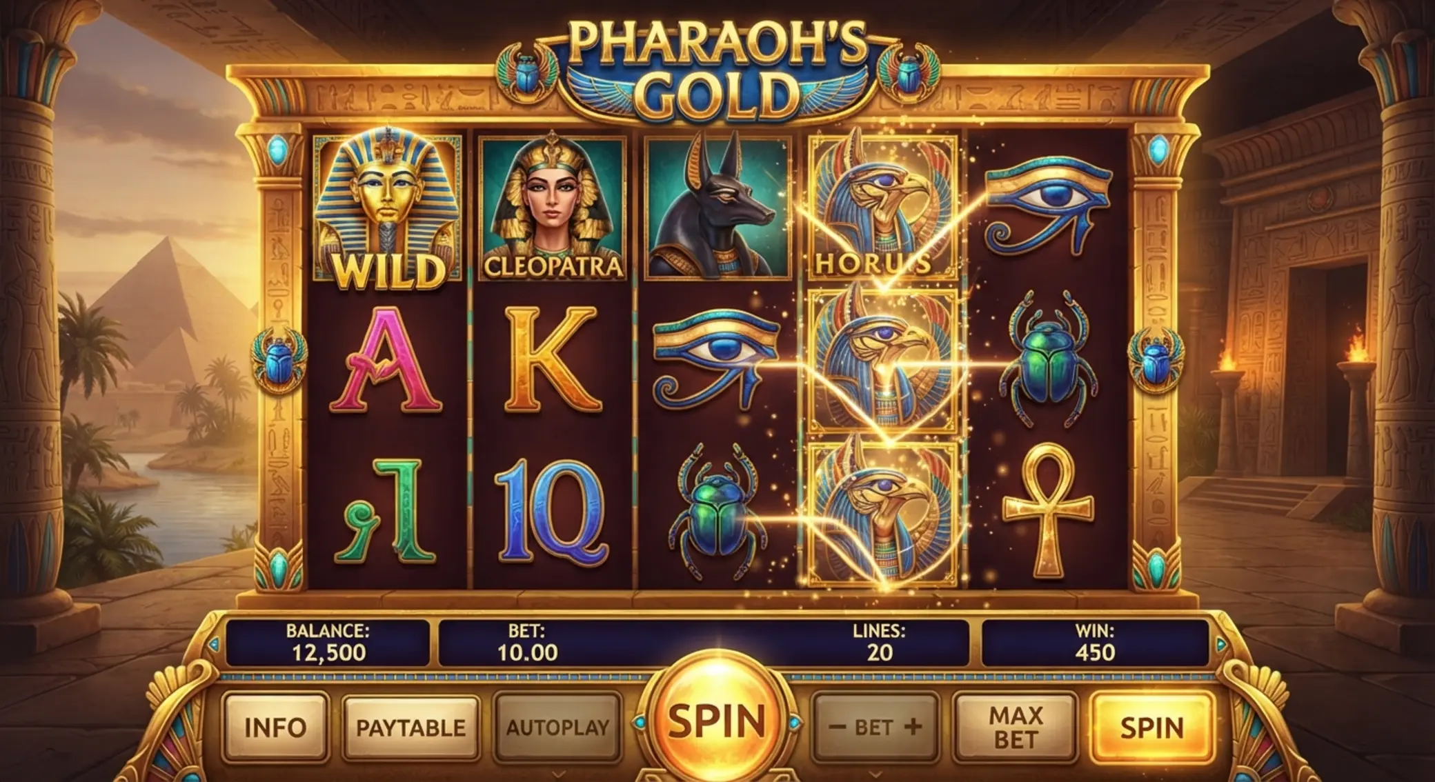 Interfejs slotu Book of Ra Magic z bębnami i panelem sterowania