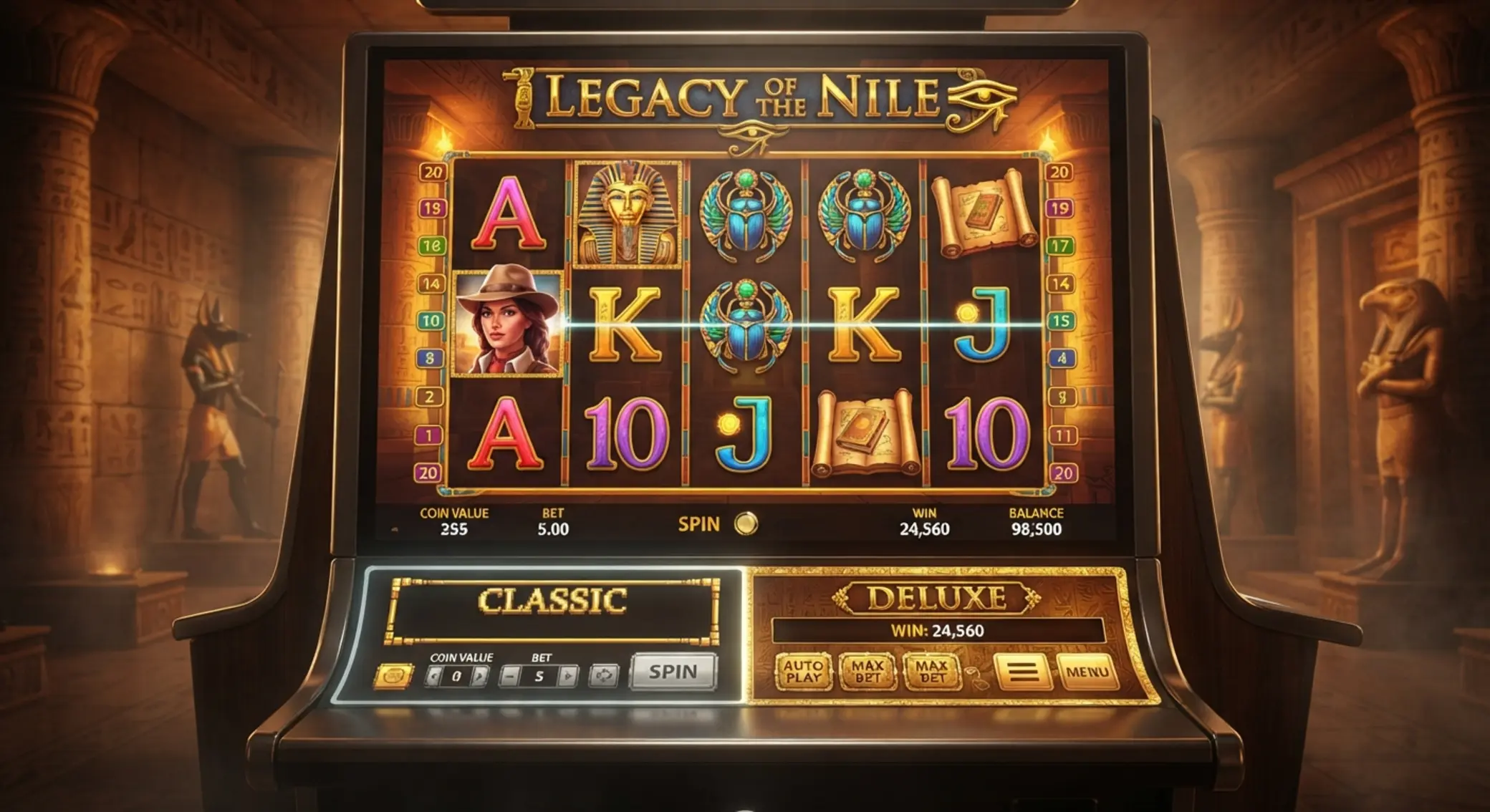 Porównanie stylu Book of Ra classic i Deluxe Ekran slota w stylu Book of Ra Deluxe z egipskimi symbolami na bębnach