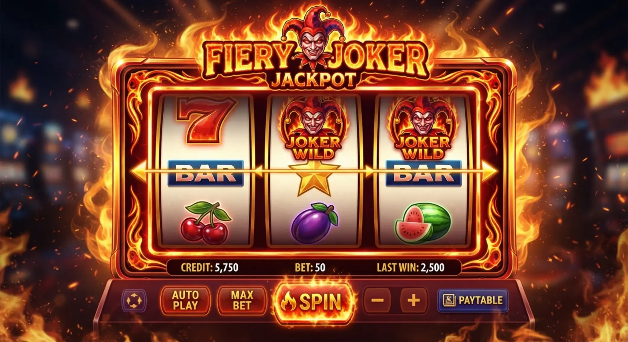 Ekran gry Fire Joker z trzema bębnami i ognistym jokerem
