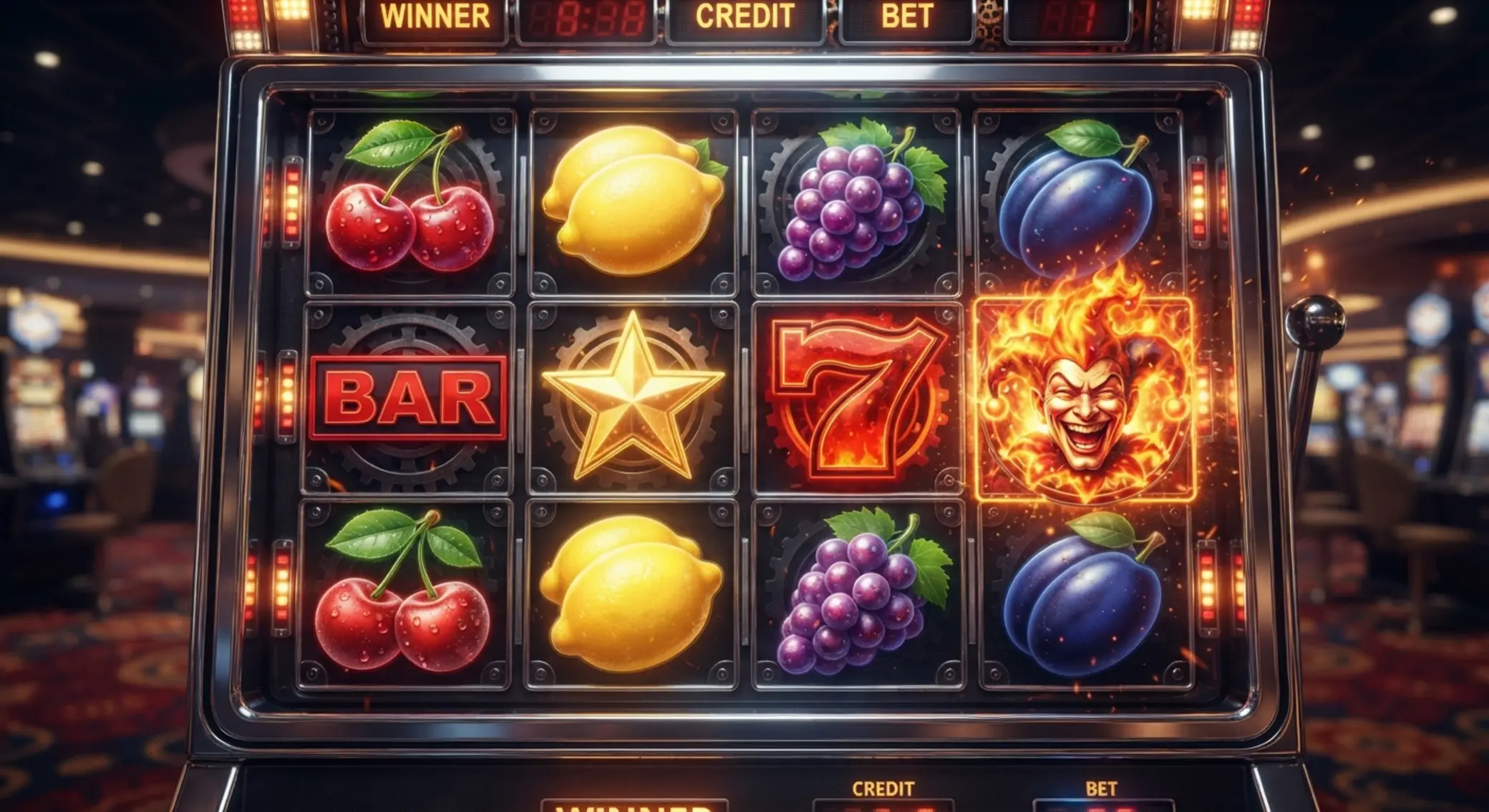 Symbole slotu Fire Joker: owoce, BAR, gwiazda, siódemka i joker