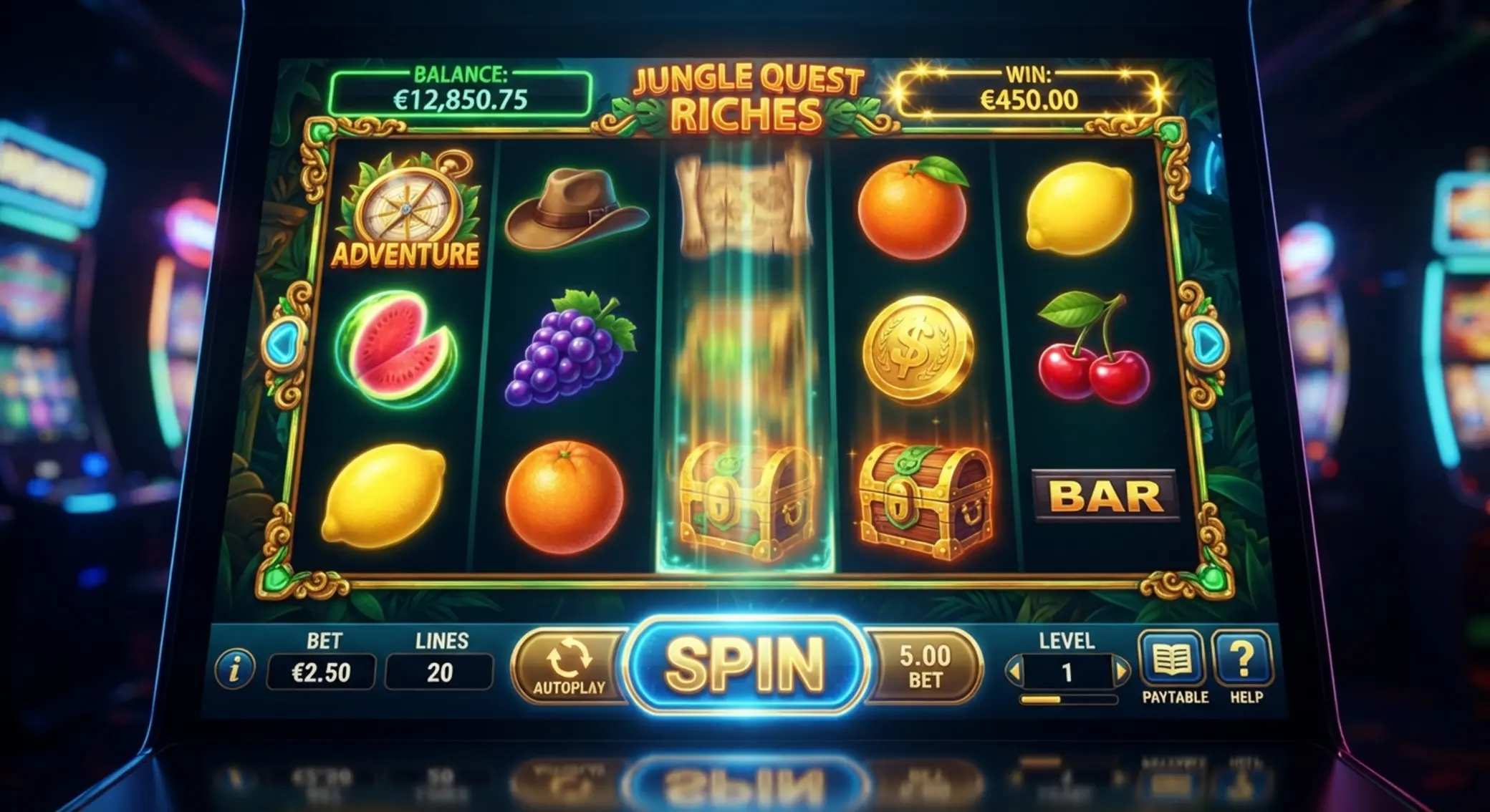 Kolorowy slot online w stylu GGBet Kolorowy ekran slota online z bębnami i przyciskiem spin
