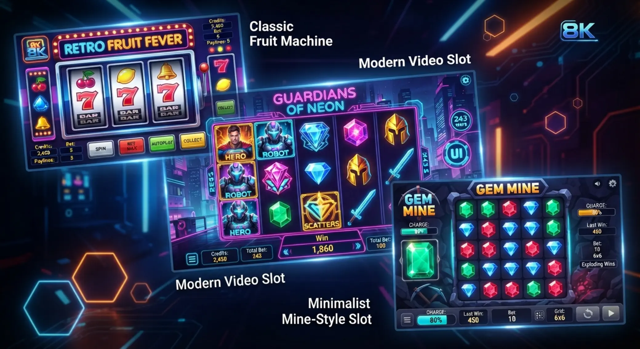 Różne style automatów online Kolaż różnych stylów slotów online: owocowy, wideo-slot i układ minowy