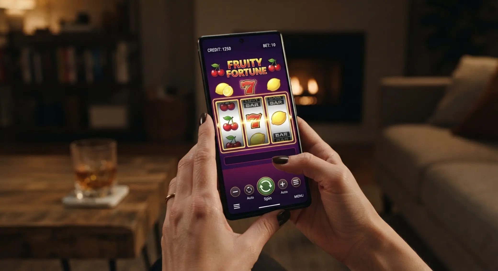 Smartfon z klasyczną grą jednoręki bandyta owocówki