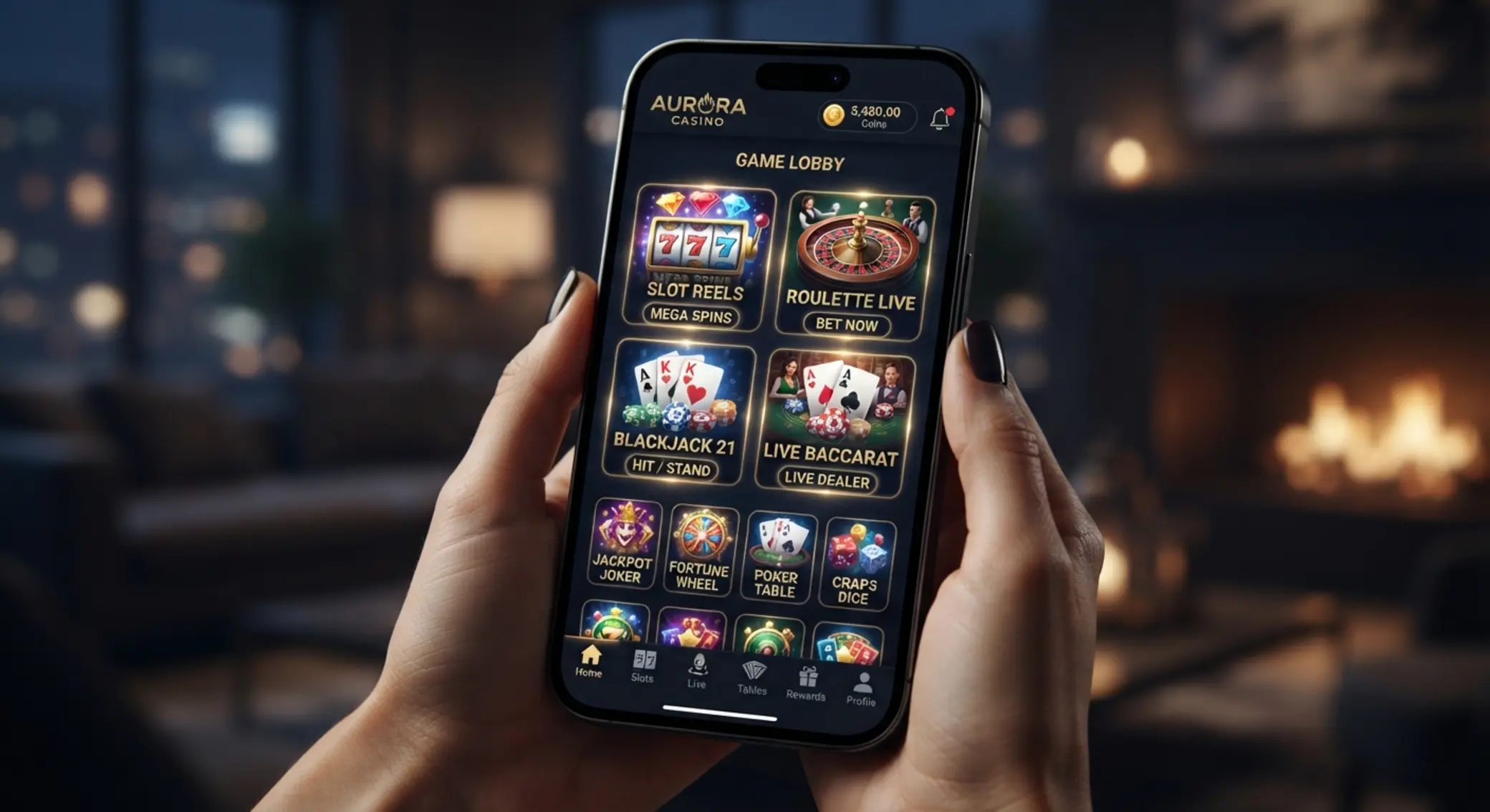 Wybór gier kasynowych na telefonie Ekran telefonu z wyborem gier mobilnych: sloty, ruletka i blackjack