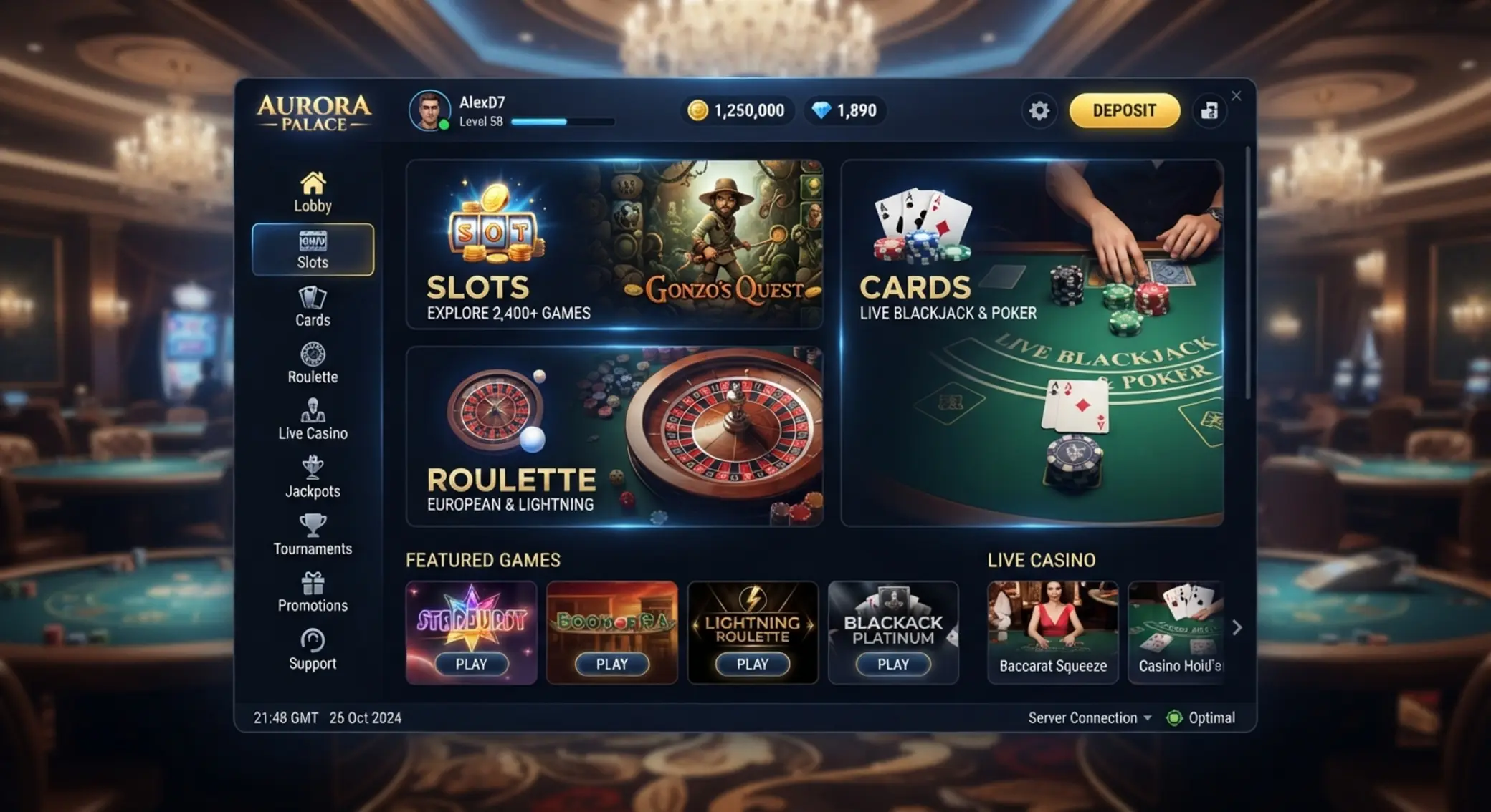 Lobby platformy GGBet z kategoriami gier i nowoczesnym interfejsem