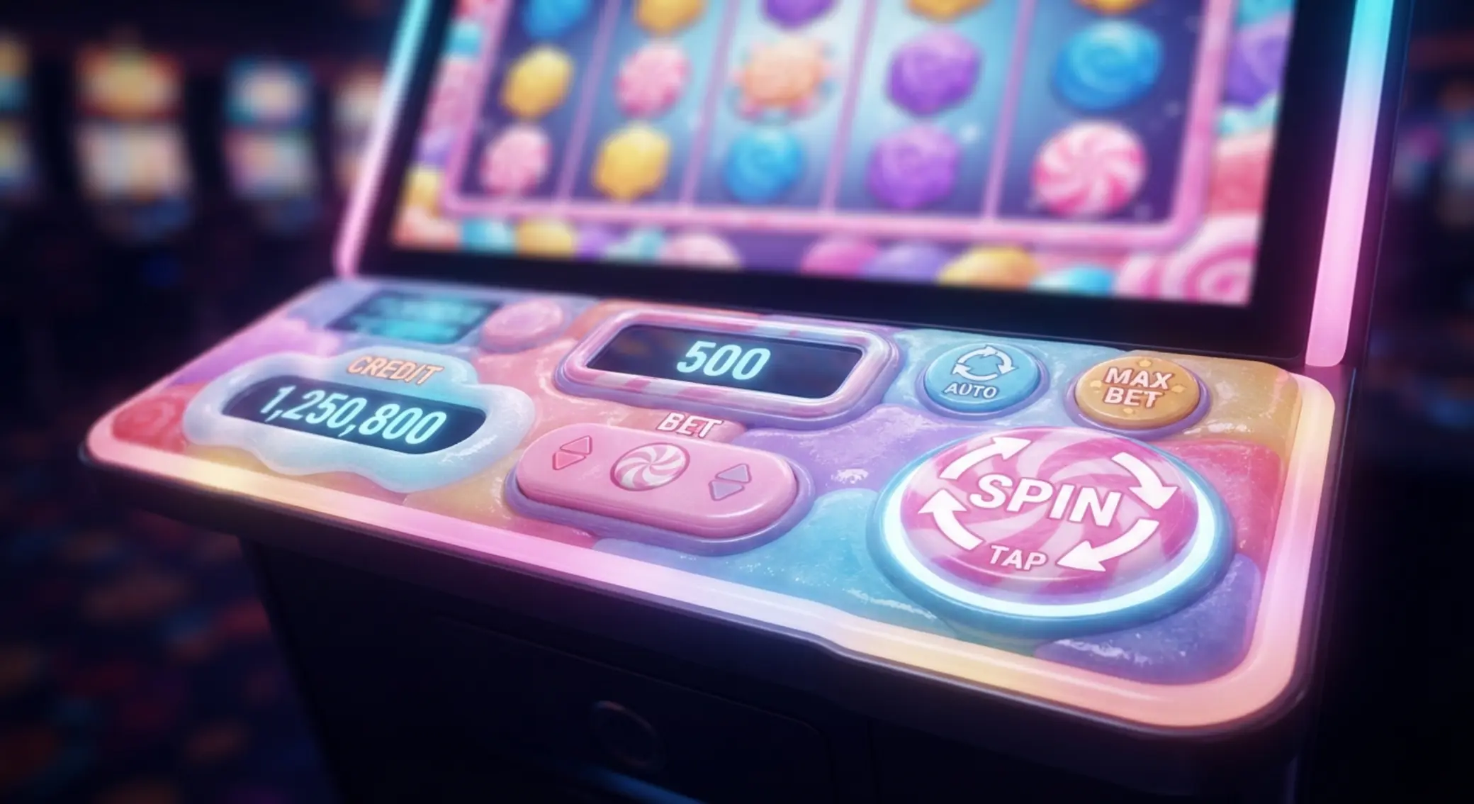 Interfejs sterowania Sweet Bonanza 1000 Panel sterowania slotu z przyciskiem spin i ustawieniami stawki