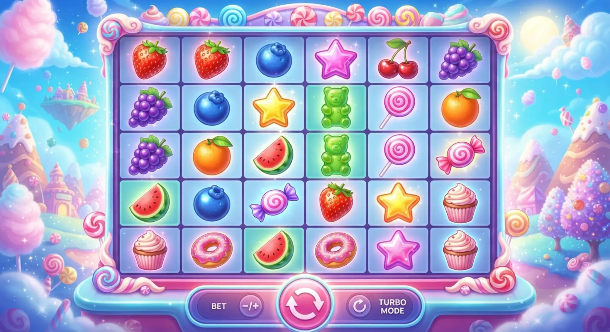 Ilustracja planszy Sweet Bonanza 1000 Plansza gry w słodkim stylu z owocami i cukierkami